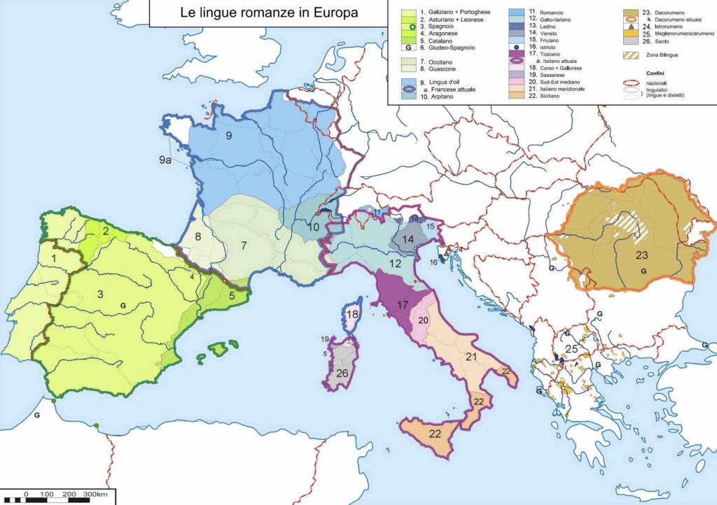 Mappa dell'Europa con le lingue derivate dal latino